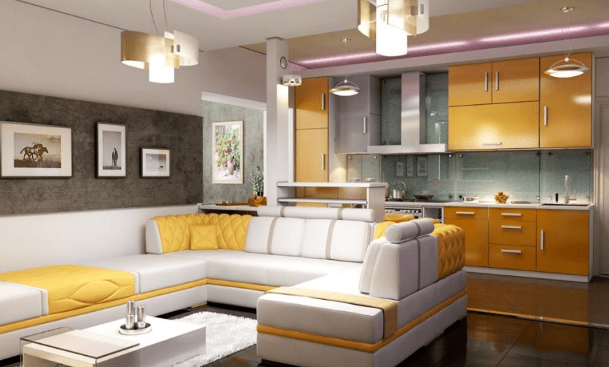 Объединение кухни гостиной цветовыми решениями