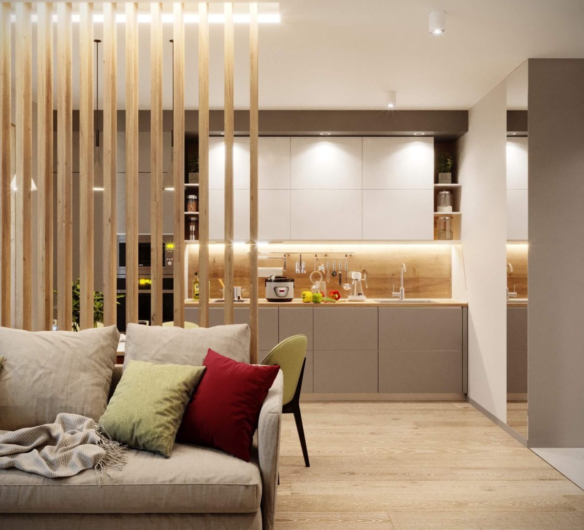 Деревянная перегородка на кухне-гостиной