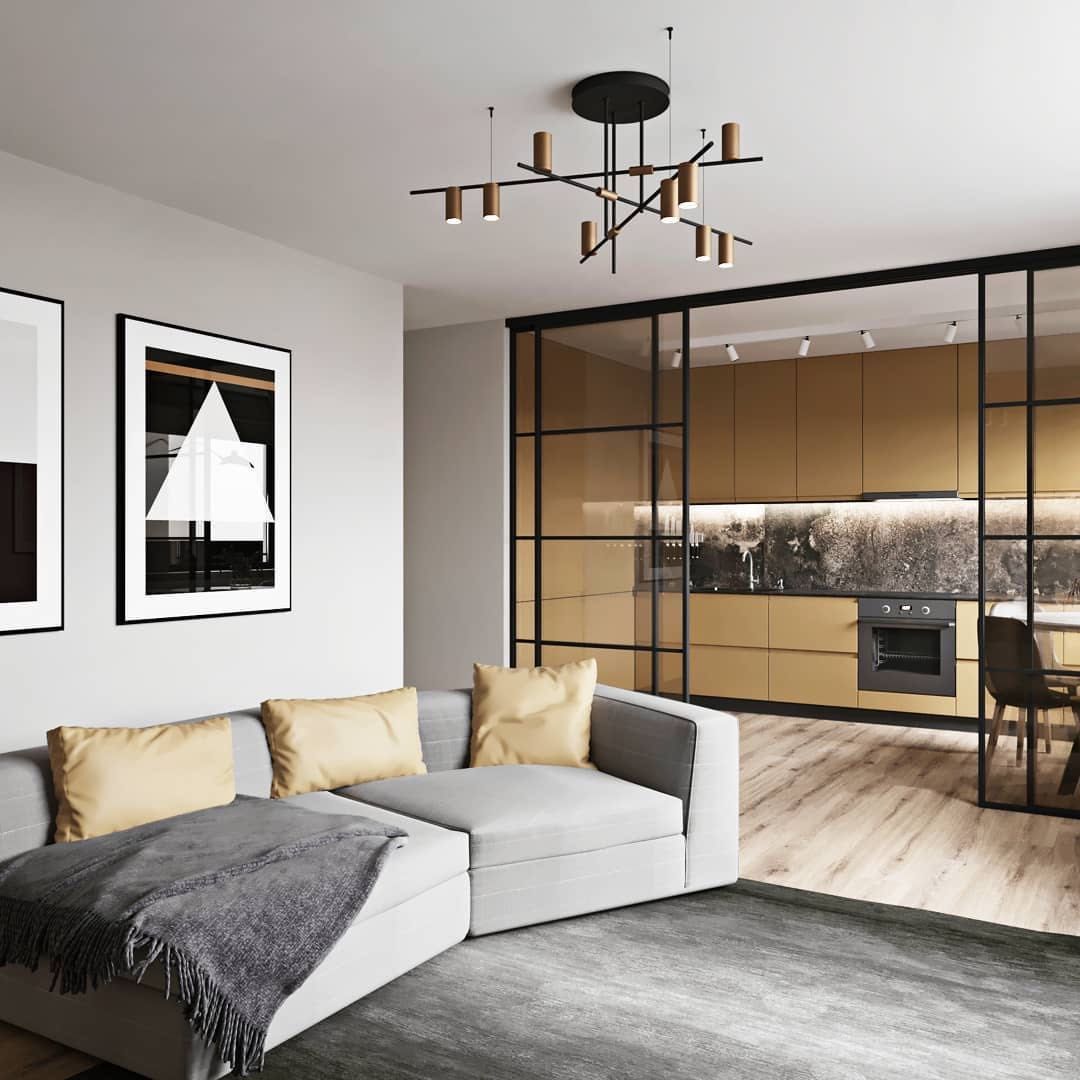 Кухня-гостиная с прозрачной раздвижной перегородкой