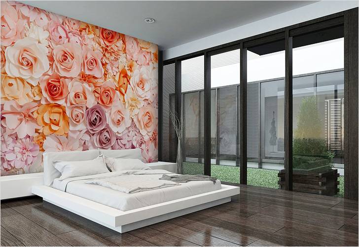Фотообои на всю стену с макроизображением цветов в спальне