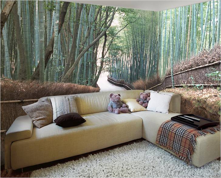 Панорамными 3D обоями можно оклеить весь периметр комнаты