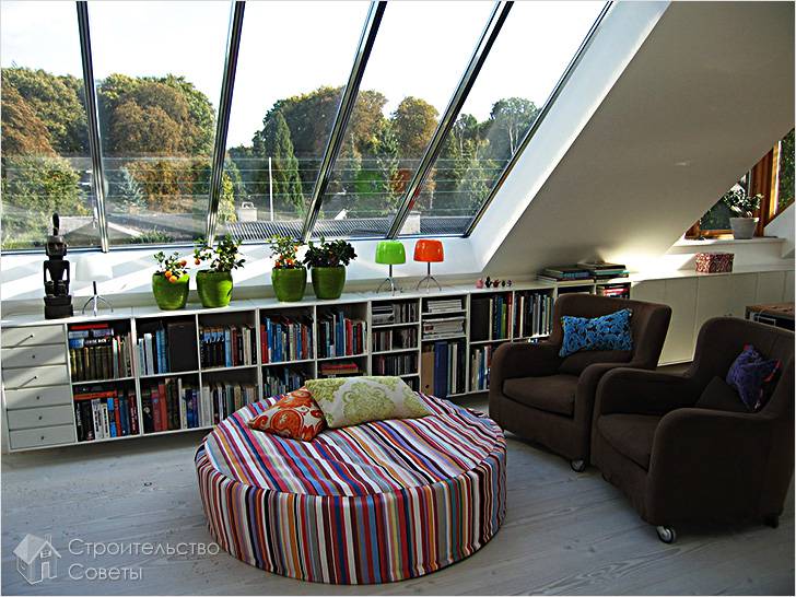 Гостиная с большими окнами на чердаке