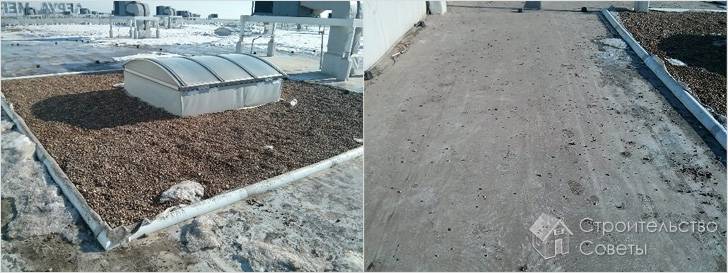 Внешний вид гравийной отсыпки и россыпь гравия по кровельному материалу через год эксплуатации