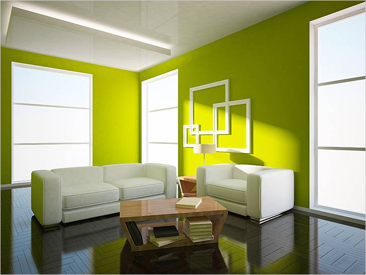 Стены зеленые, а мягкая мебель белая