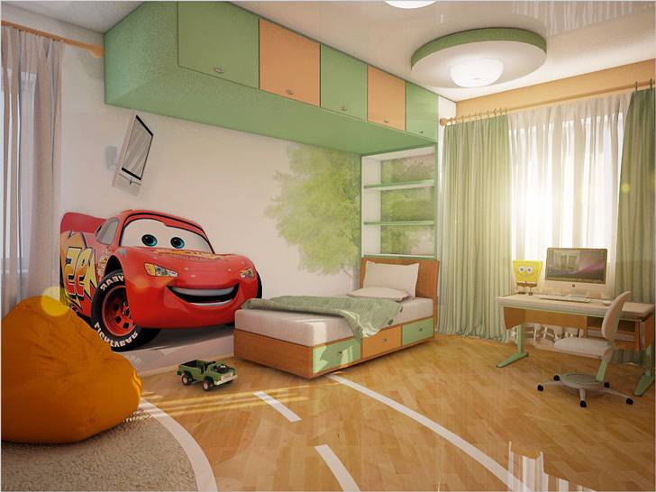 Зеленый и красный цвет в комнате мальчика