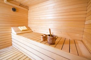 wooden interior of sauna wide angle shoot