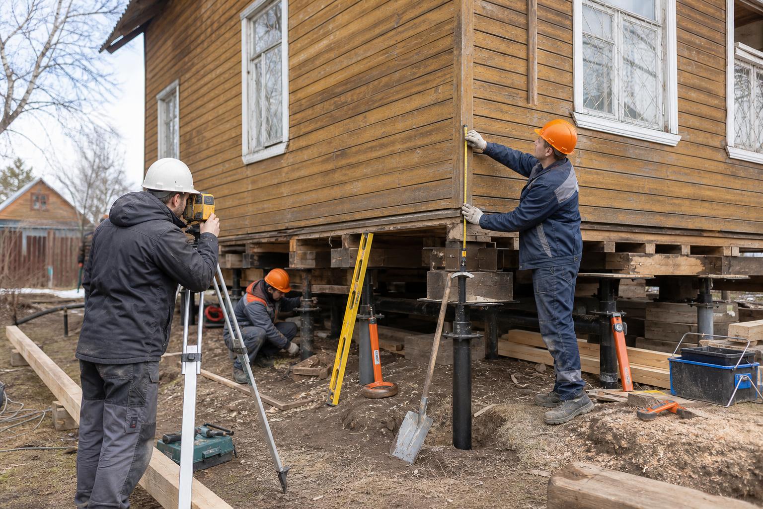 реконструкция фундамента, винтовые сваи, деревянный дом, полы, венцы и подготовка объекта